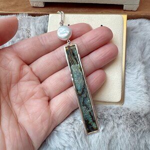 Abalone Freshwater Pearl Reversible Bar Pendant Necklace